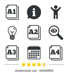 Paper size standard icons. Document symbols. A1, A2, A3 and A4 page signs. Information, light bulb and calendar icons. Investigate magnifier. Vector