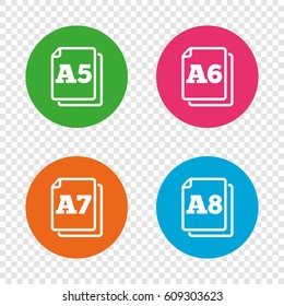 Paper size standard icons. Document symbols. A5, A6, A7 and A8 page signs. Round buttons on transparent background. Vector