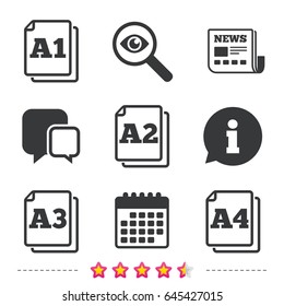 Paper size standard icons. Document symbols. A1, A2, A3 and A4 page signs. Newspaper, information and calendar icons. Investigate magnifier, chat symbol. Vector