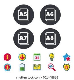Paper size standard icons. Document symbols. A5, A6, A7 and A8 page signs. Calendar, Information and Download signs. Stars, Award and Book icons. Light bulb, Shield and Search. Vector