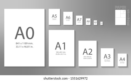 Paper sizes A0 to A10 format isolated on grey background.