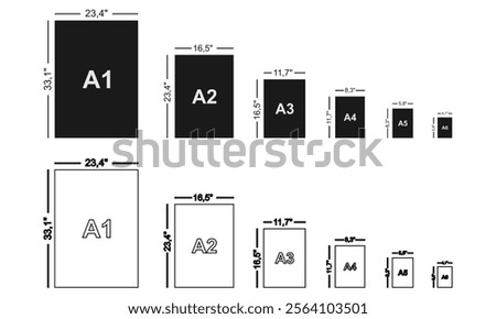 Paper sizes A1 to A6 set vector illustration isolated on white background.