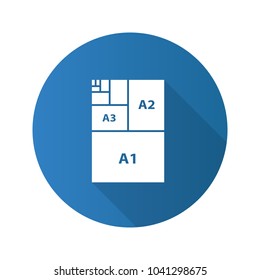 Paper sizes flat design long shadow glyph icon. Paper sheet formats. A3, A1, A2. Vector silhouette illustration