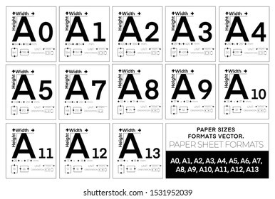 Paper Sizes, Paper Sheet Formats. A0, A1, A2, A3, A4, A5, A6, A7, A8, A9, A10, A11, A12, A13, 2AO