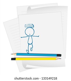 A paper with a sketch of a boy with books above his head