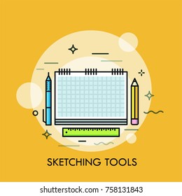 Paper sketchbook, pen, pencil and ruler. Concept of sketching or drawing tools, items for creative designer or artist work. Modern colorful vector illustration for web banner, poster, website.