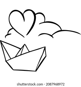 Paper skiff over which there is a cloud and a heart sketch vector illustration hand draw