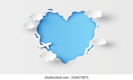 El cielo de papel tallado en forma de corazón decora con nubes y aviones volando sobre el cielo. Feliz Día de San Valentín. corte de papel y estilo artesanal. vector, ilustración.