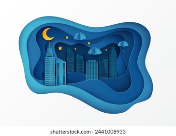 Rascacielos de papel. Edificio arquitectónico. Rascacielos del paisaje del edificio de la ciudad de la noche, nubes, colinas onduladas, estrellas, luna. Ilustración vectorial