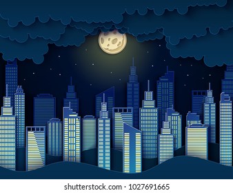 Paper skyscrapers. Achitectural building in panoramic view. Modern nidht city skyline building industrial paper art landscape skyscraper offices, clouds, wavy hills, stars, moon. Vector Illustration