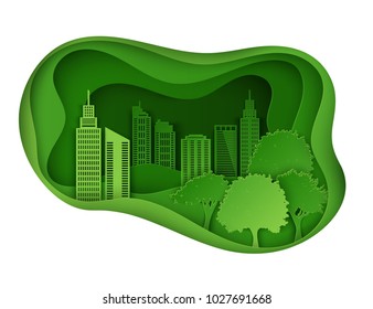 Paper skyscrapers. Achitectural building in panoramic view. Modern city skyline building industrial paper art landscape skyscraper offices, clouds, wavy hills, trees. Ecology and environment idea