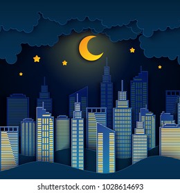 Paper skyscrapers. Achitectural building in panoramic view. Modern nidht city skyline building industrial paper art landscape skyscraper offices, clouds, wavy hills, stars, moon. Vector Illustration