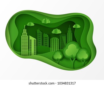 Paper skyscrapers. Achitectural building in panoramic view. Modern city skyline building industrial paper art landscape skyscraper offices, clouds, wavy hills, trees. Ecology and environment idea