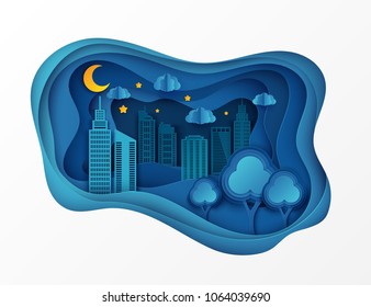 Paper skyscrapers. Achitectural building in panoramic view. Modern nidht city skyline building industrial paper art landscape skyscraper offices, clouds, wavy hills, stars, moon. Vector Illustration