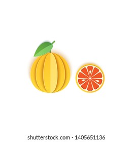 The paper is sliced with whole and slice grapefruit citrus, an excellent design for any purpose. Summer, sweet juicy pomelo food. Vector card 3d illustration. Tropical papercraft layers fruit.