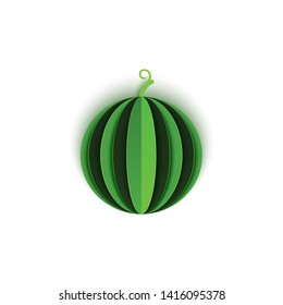 The paper is sliced with whole watermelon, an excellent design for any purpose. Summer, sweet green melon juicy food in paper cut style. Vector card 3d illustration. Tropical papercraft layers fruit.