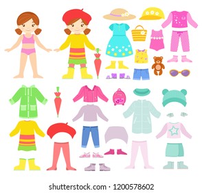 Paper smilling doll with seasonal clothes and accessories. Vector set isolated on a white