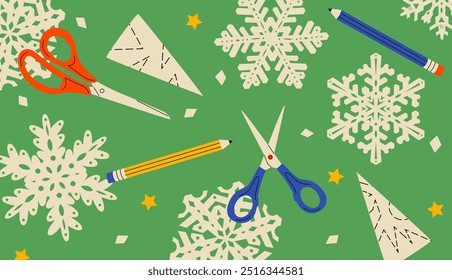 Paper snowflake cutting concept. Snowflakes, scissors and pencils. Christmas winter snowflakes. Hand drawn trendy Vector illustration. Party decoration, new year celebration concept.