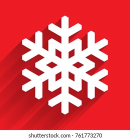 Paper snowflake with long shadow design isolated on red background. Winter and Xmas theme. Vector illustration.
