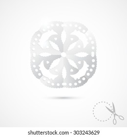 Paper snowflake on grey background. 3D Paper folding texture. Handmade, paper cut with scissors. Old style hobby preparation for New year and Christmas Holidays.