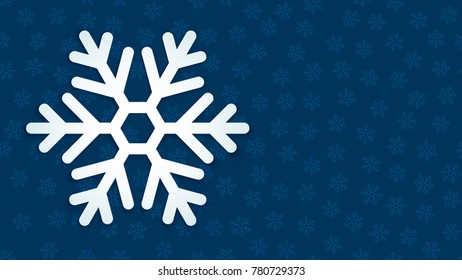 Paper snowflake with shadow on blue seamless snow background. Abstract christmas decoration. Accurate vector hexagonal snowflake with empty field for text or congratulations.