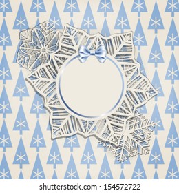 Paper snowflakes and  bow on patterned background with stylized fir trees , Christmas background with space for text