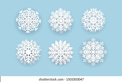 Paper snowflakes set. Snowflakes with shadows isolated. Paper cut 3d origami effect.