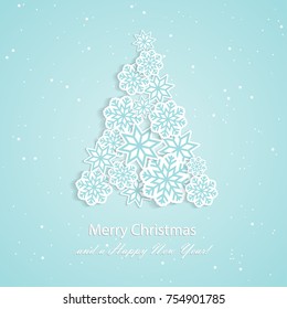 Paper snowflakes in shape of xmas tree. Volumetric paper art background with shadow. New year and Christmas design