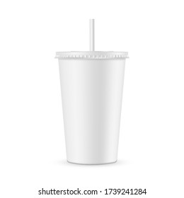 Paper Soda Cup With Straw Mockup Isolated On White Background. Vector Illustration