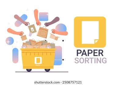 Paper sorting hands placing paper items into yellow bin with colorful abstract background eco-friendly waste management concept