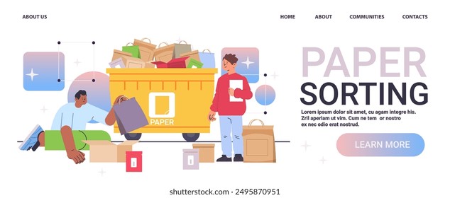 Paper sorting waste management concept illustration showing two people sorting paper waste into a large yellow bin with colorful boxes and bags in the background. Website design
