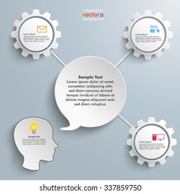 Paper speech bubble with 3 connected gears on the gray background. Eps 10 vector file.