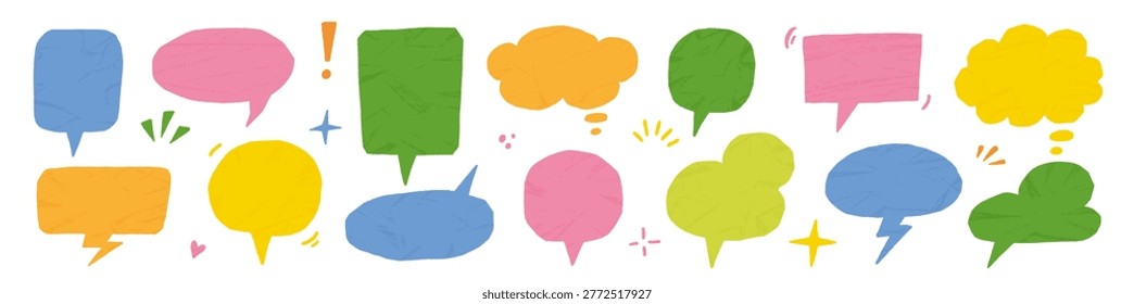 Paper speech bubble collage set. Hand drawn paper speech bubble frame with texture text balloon sticker. Cute comic chat scrapbook memo torn crumpled school background. Vector illustration