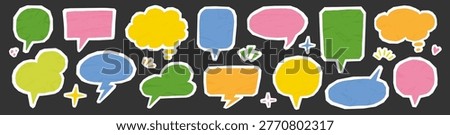 Paper speech bubble collage set. Hand drawn paper speech bubble frame with texture text balloon sticker. Cute comic chat scrapbook memo torn crumpled school background. Vector illustration