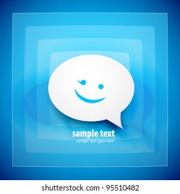 Paper speech bubble on blue background with happy emoticon