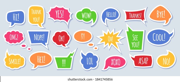 Paper speech bubble with phrases - colorful cartoon comic bubbles and clouds of various shapes with speech phrases, conversation text and words in isolated vector illustration.