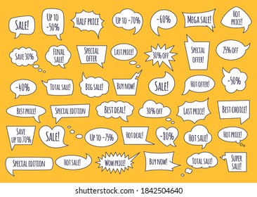 Paper speech bubble with phrases - colorful cartoon comic bubbles and clouds of various shapes with speech phrases, conversation text and words in isolated vector illustration.