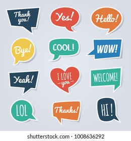 Paper speech bubble with short messages. Thank you, yes, hello, bye, cool, wow, yeah, lol, welcome, etc.