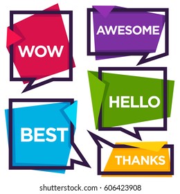 paper speech bubbles with emotional words thanks, hello, wow, best,  awesome