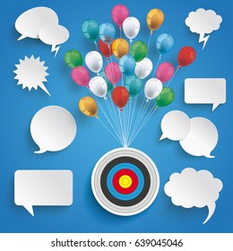 Paper speech bubbles and target with colored balloons on the blue background. Eps 10 vector file.