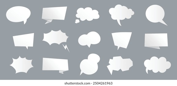 Paper speech bubbles. White blank thought balloons, shouting box. Vintage speech and thinking expression vector bubble set. Speak message cartoon graphic cloud shape