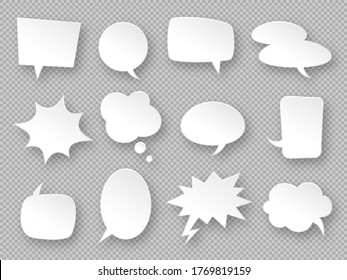 Paper speech bubbles. White communication bubbles, thought balloons. Messages cloud, dialog chat, blank advertising discussion vector labels. Paper sticker collection, speech message illustration