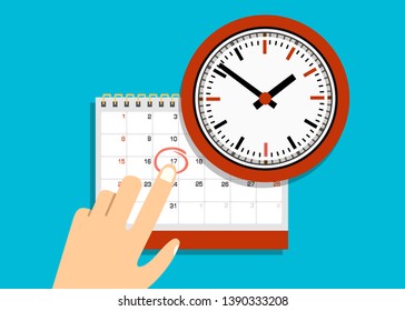 Paper spiral wall calendar and clocks. 
Schedule, appointment, organizer, timesheet, time management, important date. illustration in flat style