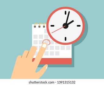 Paper spiral wall calendar and clocks. Schedule, appointment, organizer, timesheet, time management, important date. illustration in flat style