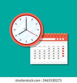 Paper spiral wall calendar and clocks. Calendar clocks flat icon. Schedule, appointment, organizer, timesheet, time management, important date. Vector illustration in flat style