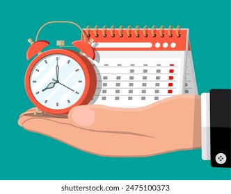 Paper spiral wall calendar and clocks in hand. Calendar and alarm clocks. Schedule, appointment, organizer, timesheet, time management, important date. Vector illustration in flat style