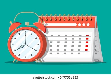 Paper spiral wall calendar and clocks. Calendar and alarm clocks. Schedule, appointment, organizer, timesheet, time management, important date. Vector illustration in flat style