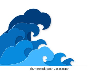 Paper Splash. Curly Splashes Of Blue Water Sea Waves Paper Cut Design, Ocean Storm Tsunami In Japanese Origami Style Vector Papercut Nature Concept