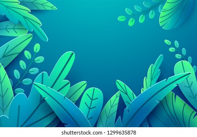 Paper spring leaves vector banner. Paper cut style isolated on dark background. Fantasy floral leaf art illustration. Springtime concept template. Easter decoration elements.