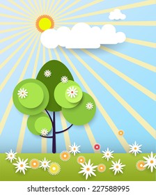 Paper spring tree. Flat design style on light blue background with space for design